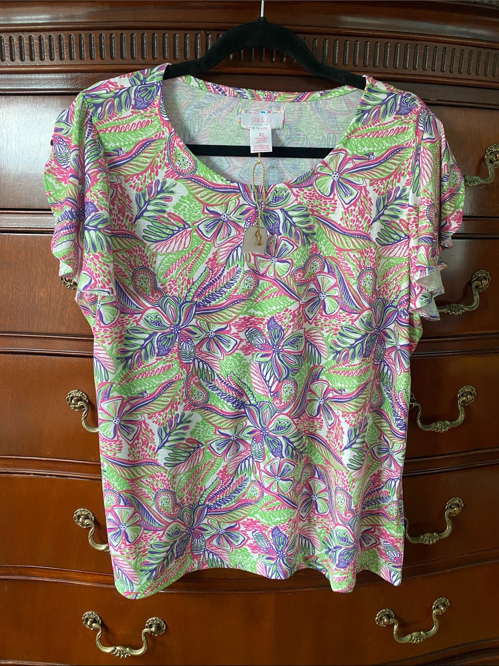 Lilly Pulitzer Multicolor Floral Ruffle Sleeve Tee - Pink, Green & Purple